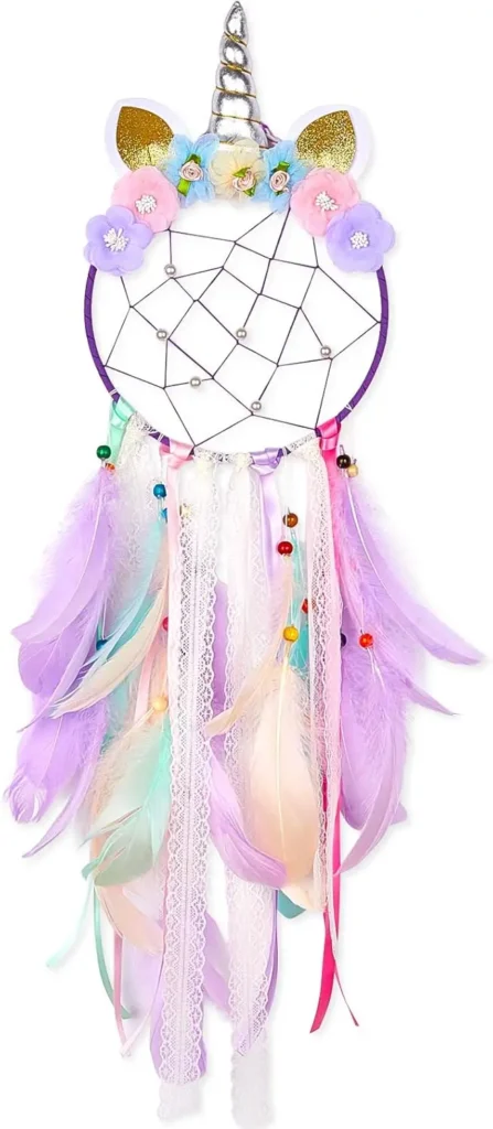 Atrapasueños de unicornio: colgante de pared de flores y plumas para dormitorio de niñas, decoración de guardería infantil