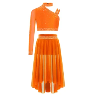 Conjunto de baile lírico de Ballet para niñas, disfraz de patinaje artístico, Top corto de manga larga con diamantes de imitación y falda de malla Irregular alta y baja