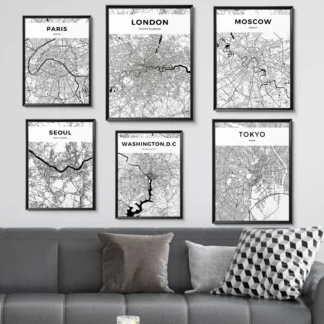 Mapa de la ciudad del mundo blanco y negro moderno, cuadro sobre lienzo para pared de Nueva York y Tokio, impresiones de pinturas, imagen para sala de estar, decoración del hogar