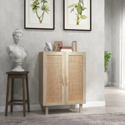 Gabinete de almacenamiento de cocina con 2 puertas de ratán, estantes ajustables, natural