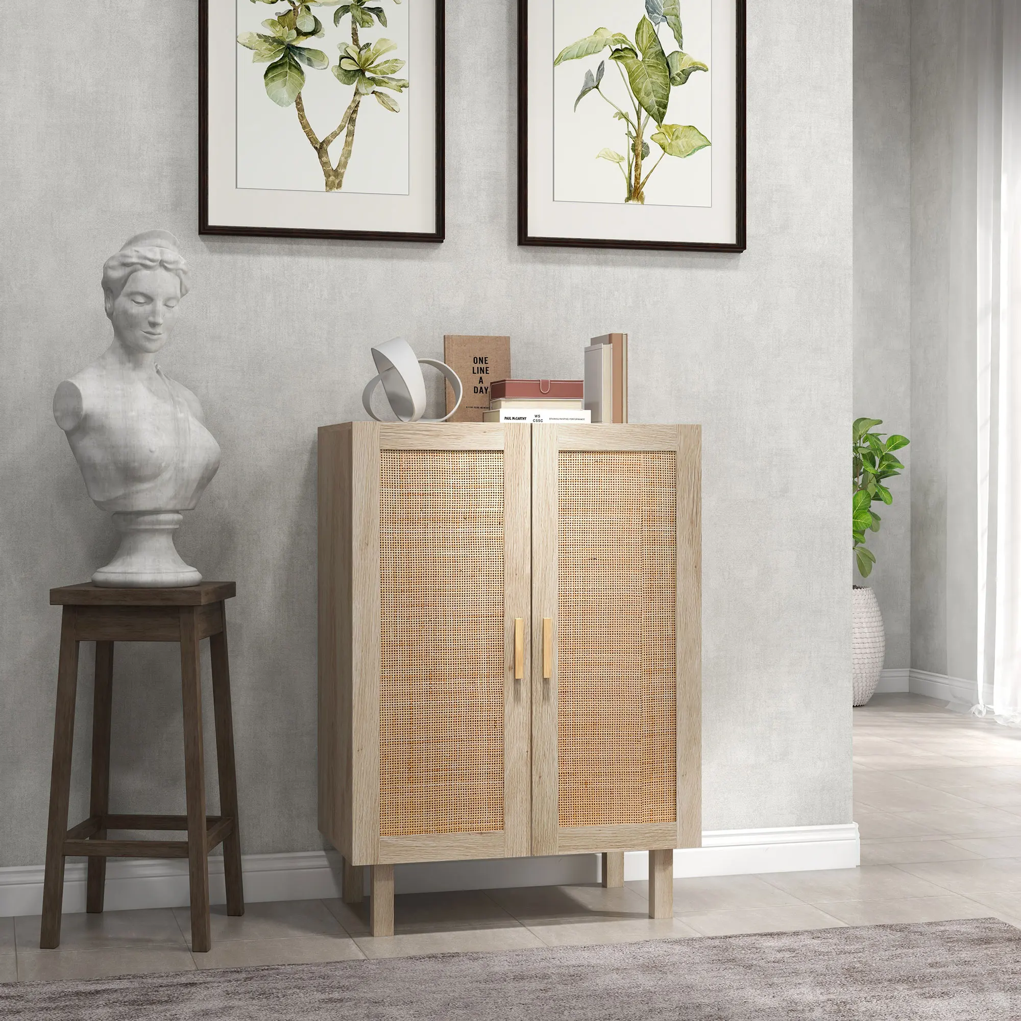 Gabinete de almacenamiento de cocina con 2 puertas de ratán, estantes ajustables, natural