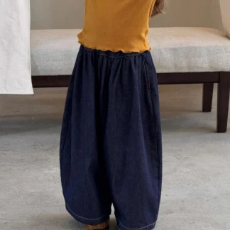 Pantalones para niñas, ropa coreana para niños, moda de otoño 20225, nuevo artículo, pantalones vaqueros informales oscuros, pantalones de pierna ancha, pantalones con cuchillo curvo