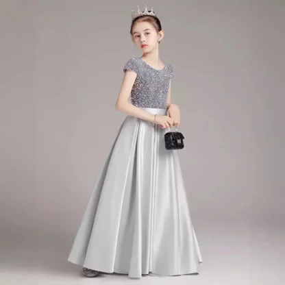 Vestido de piano para niña, vestido largo de rendimiento con lentejuelas grises, vestido de princesa, vestido de actuación de espectáculo de presentador para niños, verano