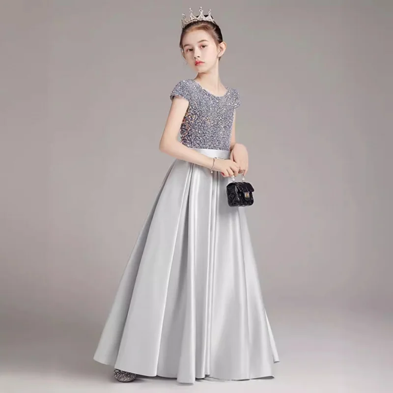 Vestido de piano para niña, vestido largo de rendimiento con lentejuelas grises, vestido de princesa, vestido de actuación de espectáculo de presentador para niños, verano