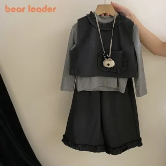 Bear Leader-traje para niña, Top de manga larga de Color sólido, chaleco de bolsillo y pantalones, versión coreana, conjunto gris de tres piezas, otoño