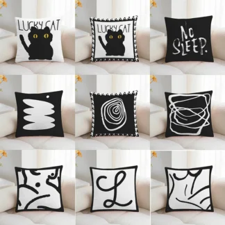 Funda de almohada decorativa con estampado Simple en blanco y negro, funda de almohada cuadrada para dormitorio y sala de estar