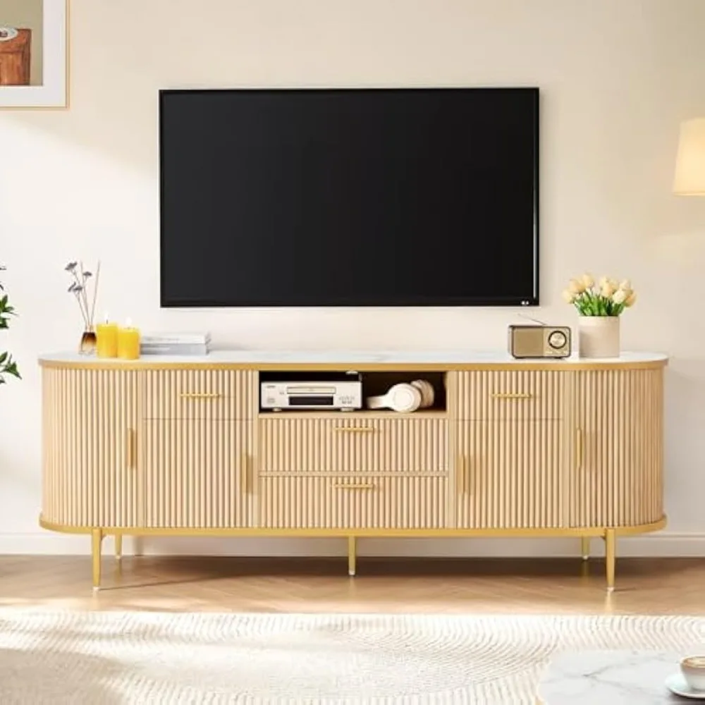 Soporte para TV estriado de 70", centro de entretenimiento moderno para TV de 65/75/80 pulgadas, consola para TV con almacenamiento y puerta lateral, Media Con