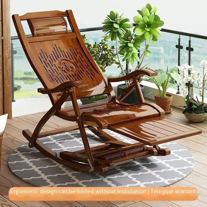 Mecedora de caña vintage para personas mayores, silla Taishi de estilo tradicional chino, mecedora/salón tejida de bambú y caña, L