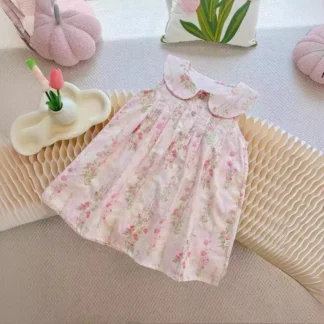 Vestido para niña 2025, novedad de verano, estilo, chaleco Floral con cuello vuelto, vestido de princesa a la moda para niña, estilo moderno