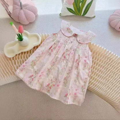 Vestido para niña 2025, novedad de verano, estilo, chaleco Floral con cuello vuelto, vestido de princesa a la moda para niña, estilo moderno