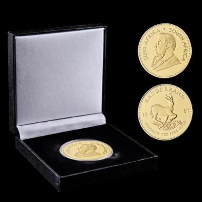 Réplica de moneda chapada en oro de Sudáfrica Krugerrand, caja de exhibición de lujo, 1OZ, 1967