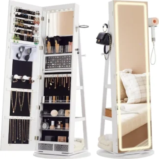 IRONCK Gabinete de joyería con espejo LED de pie, 360 °   Armario de joyería giratorio con cerradura, espejo de longitud completa y luz LED ajustable