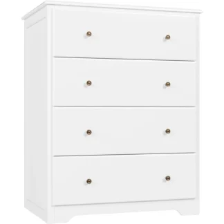 HOUSUIT Cómoda blanca, cómoda de 4 cajones, cómoda alta moderna, gabinete de almacenamiento con cajones de madera, blanco marfil