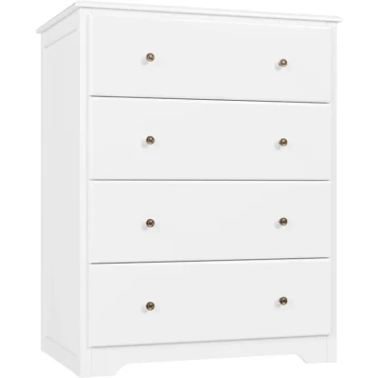 HOUSUIT Cómoda blanca, cómoda de 4 cajones, cómoda alta moderna, gabinete de almacenamiento con cajones de madera, blanco marfil