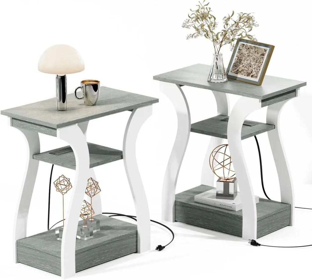 Mesa auxiliar gris con estación de carga, mesa auxiliar de 3 niveles, mesita de noche para dormitorio, muebles de sala de estar