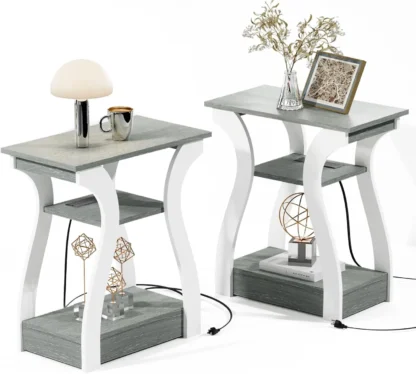 Mesa auxiliar gris con estación de carga, mesa auxiliar de 3 niveles, mesita de noche para dormitorio, muebles de sala de estar