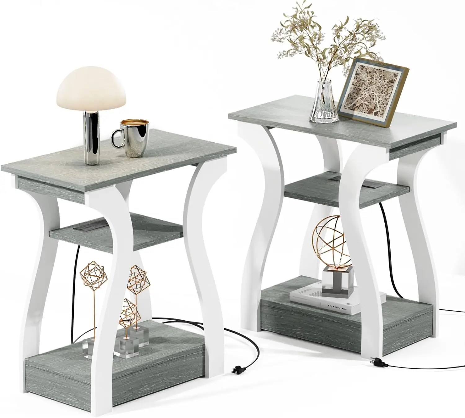 Mesa auxiliar gris con estación de carga, mesa auxiliar de 3 niveles, mesita de noche para dormitorio, muebles de sala de estar