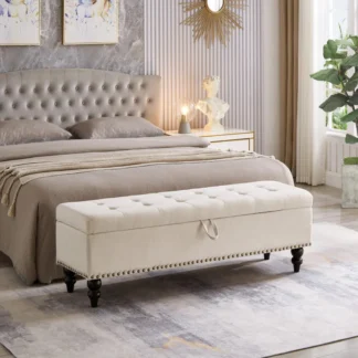 Banco de cama otomano con almacenamiento, tela beige en el dormitorio como banco para el extremo de la cama, diseño contemporáneo, fácil montaje, multifuncional