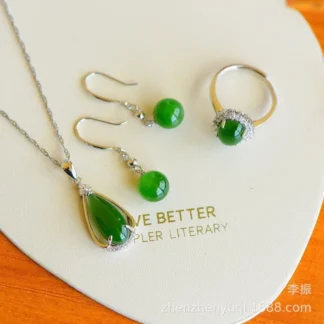 Natural Hetian Jade Jadeíta gota colgante cuentas pendientes cabujón anillo conjunto mujeres