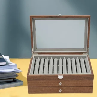 Caja de almacenamiento de bolígrafos de madera, práctica caja de almacenamiento de bolígrafos de 3 capas con dos cajones, caja expositora de bolígrafos con 34 ranuras para almacenar bolígrafos (nogal)