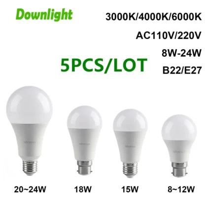 5 uds bombillas Led AC110V AC220V E27 B22 luz potencia Real 8W 9W 10W 12W 15W 18W Lampada para decoración del hogar y la Oficina