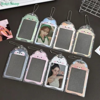Soporte para sesión fotográfica transparente de dibujos animados, tarjeteros Kawaii con cadena, cubierta de PVC, llavero Kpop, 1 ud.