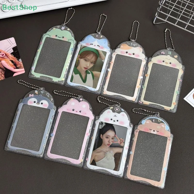 Soporte para sesión fotográfica transparente de dibujos animados, tarjeteros Kawaii con cadena, cubierta de PVC, llavero Kpop, 1 ud.