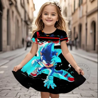Nuevo Vestido con estampado 3D para chico, ropa de princesa Frozen de manga corta, nuevo vestido sonico de verano para niñas, vestido bonito de dibujos animados a la moda