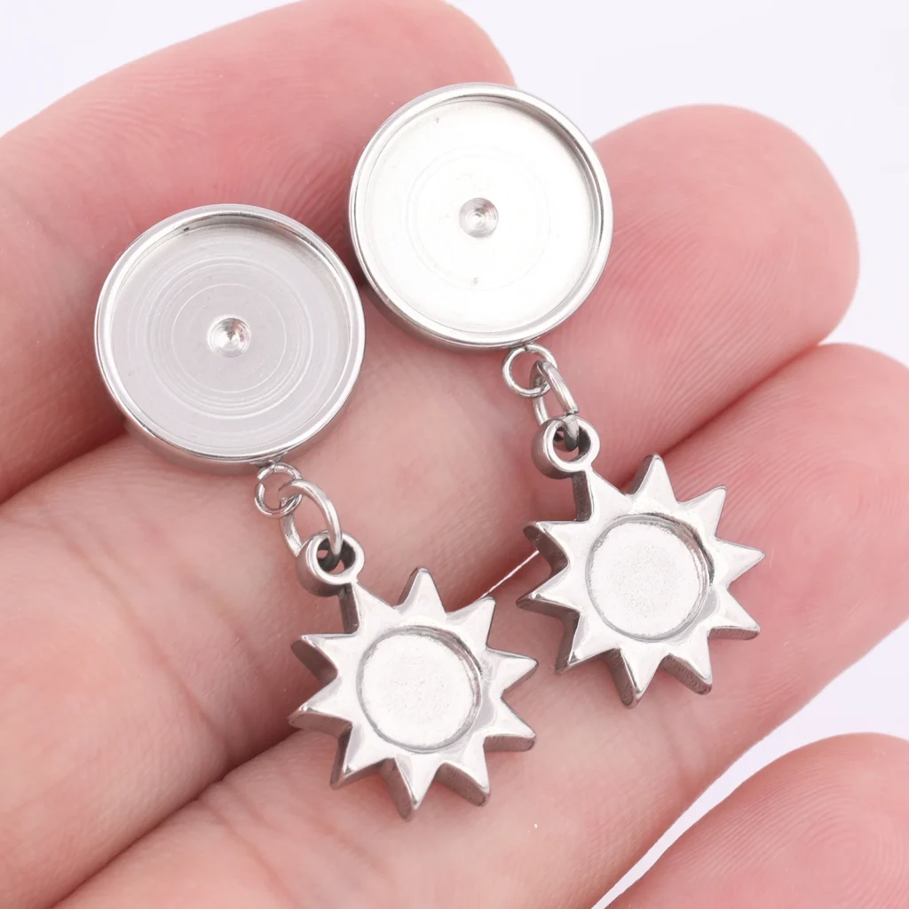 Pendientes de cabujón de 12mm de acero inoxidable, Base en blanco, tachuelas con dijes circulares, accesorios para hacer joyería Diy, 6 uds.