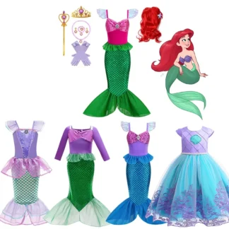 Disfraz de Sirenita DISNEY para niñas, vestido de cola de pez para niños, vestido de fiesta elegante de Carnaval, ropa de vestir de Halloween para niños