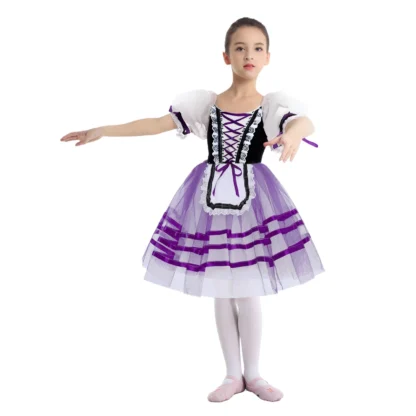 Vestido tutú de Ballet para niñas, manga abombada, adorno de encaje con cordones, corpiño de retazos de terciopelo, vestido de baile en capas, disfraz de escenario actuación