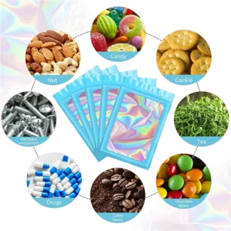 Bolsas holográficas resellables de QWE-200Pcs, bolsa de Mylar a prueba de olores con ventana transparente para almacenamiento de alimentos, recuerdo de fiesta y negocios
