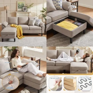 Sofá seccional convertible en forma de L de 3 asientos de tela de poliéster moderno con chaise de almacenamiento reversible para espacios pequeños