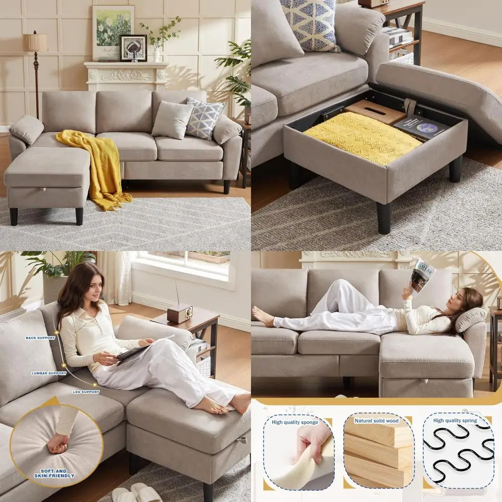 Sofá seccional convertible en forma de L de 3 asientos de tela de poliéster moderno con chaise de almacenamiento reversible para espacios pequeños