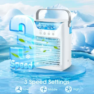 Ventilador de aire acondicionado portátil, Enfriador de aire de escritorio, humidificador 3 en 1, ventilador de niebla de agua, luz LED nocturna, carga USB para el hogar y la Camping