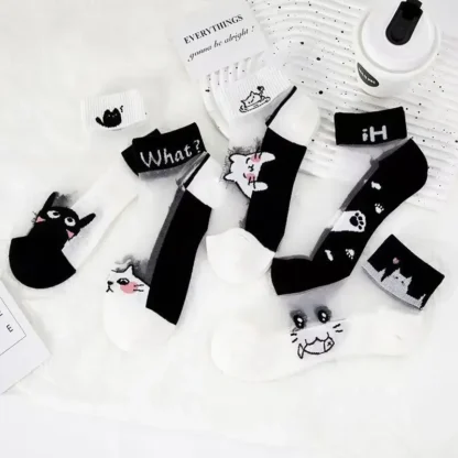 5-40 pares de medias cortas de mujer transpirables y absorbentes del sudor de fibra de vidrio de gato blanco y negro de verano duraderas y cómodas