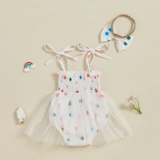 Mameluco de manga con volantes y estampado floral para niñas pequeñas con diadema con lazo a juego para traje de fiesta de cumpleaños de verano