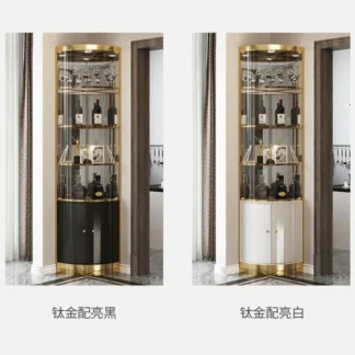 Gabinete de vino, estante de pared, gabinete de esquina de vidrio de arco, triángulo lateral, luz de lujo