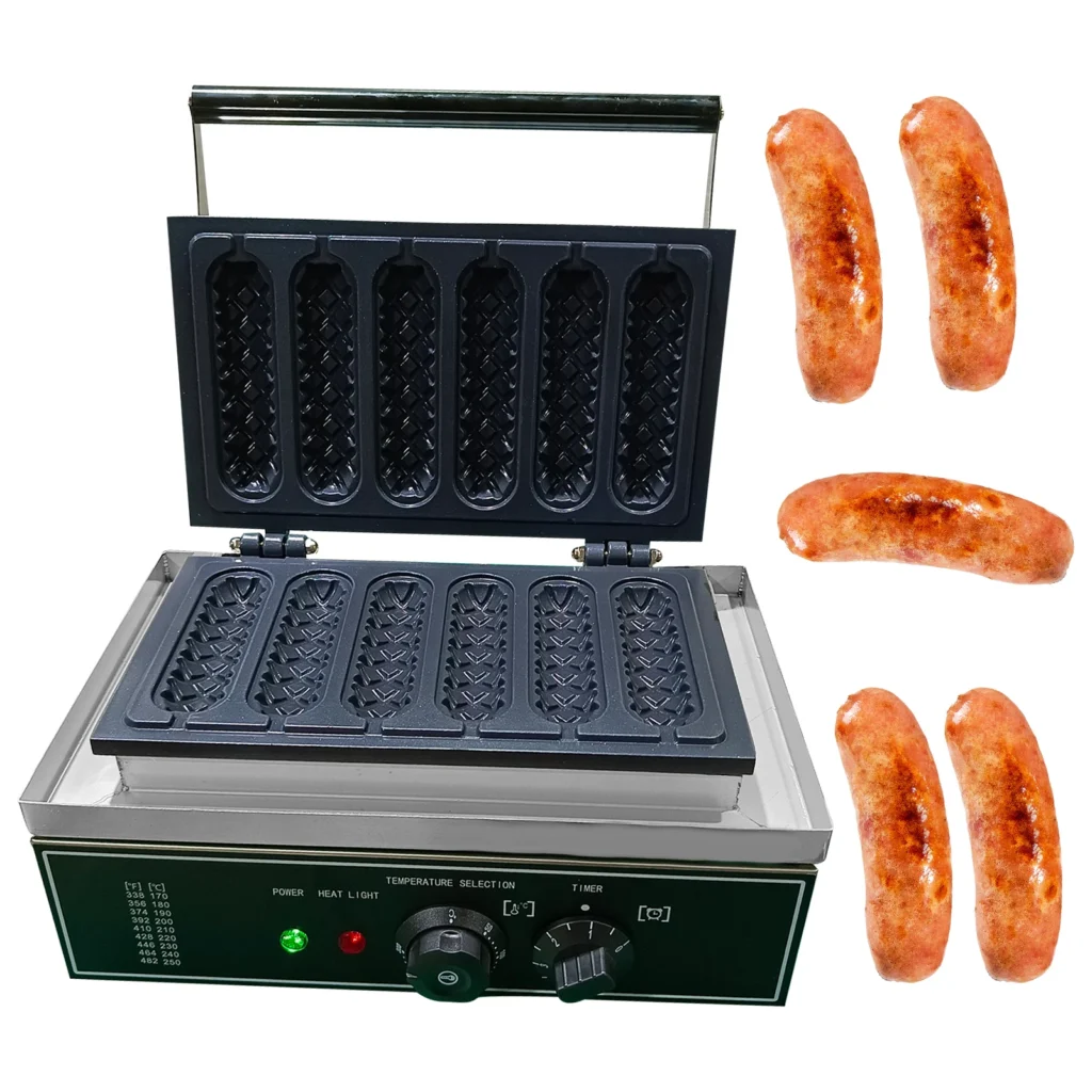 Máquina de rodillo para perros calientes, máquina para hacer gofres para perros, electrodomésticos de cocina de 1550W, panadero eléctrico de acero inoxidable para hacer 6 perros de maíz