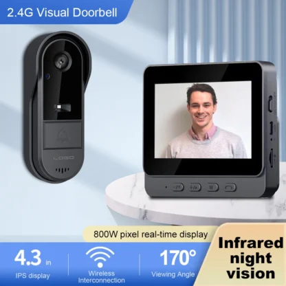 Timbre de puerta con mirilla de ojo WiFi de 2,4G, timbre de puerta de seguridad para el hogar, resistente al agua, pantalla IPS de 4,3 pulgadas, timbre inalámbrico de visión nocturna IR