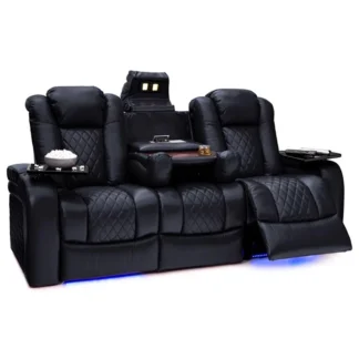 Sofá reclinable eléctrico de doble motor de lujo con iluminación LED, USB, almacenamiento oculto, mesa y bandeja plegables – Sofá reclinable de 3 asientos