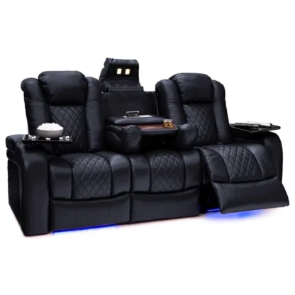 Sofá reclinable eléctrico de doble motor de lujo con iluminación LED, USB, almacenamiento oculto, mesa y bandeja plegables – Sofá reclinable de 3 asientos