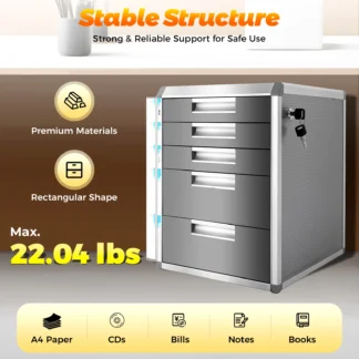 Caja de almacenamiento de documentos con cerradura de 5 cajones, aleación de aluminio y MDF, capacidad de 10 kg, llaves seguras, gris elegante, organización de oficina y hogar