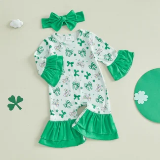 Adorable mameluco de trébol del día de San Patricio para niñas con mangas con volantes y diadema a juego para bebés pequeños