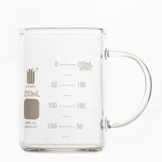 SYNTHWARE Vaso de vidrio con asa, marca de doble escala, vidrio de borosilicato, B19