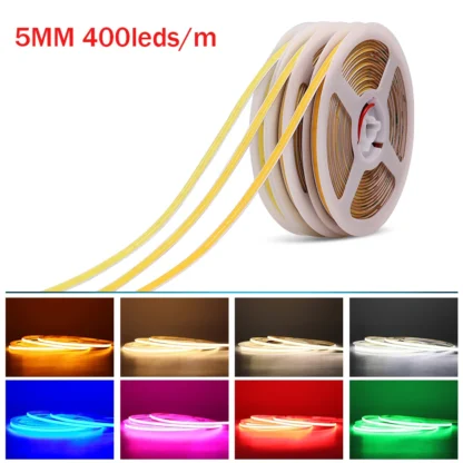 Tira de luces LED de 5M, tira de luces LED COB de 12V y 24V, cinta LED regulable Flexible de alta densidad, rojo/amarillo/verde/rosa/azul/azul frío/blanco cálido