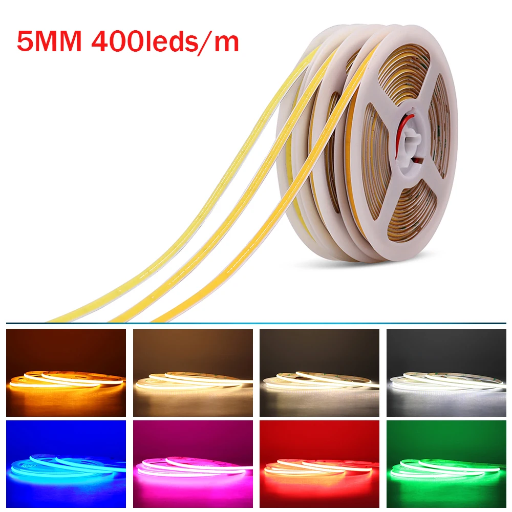 Tira de luces LED de 5M, tira de luces LED COB de 12V y 24V, cinta LED regulable Flexible de alta densidad, rojo/amarillo/verde/rosa/azul/azul frío/blanco cálido