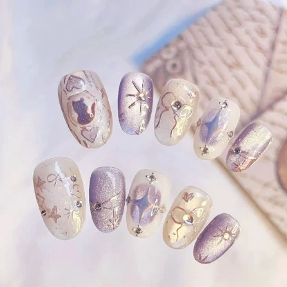 24 Uds. De uñas postizas de ojo de gato púrpura, Aurora de primavera, prensa ovalada corta en la punta de uñas, diseño de lazo de diamantes de imitación, uñas postizas, manicura usable
