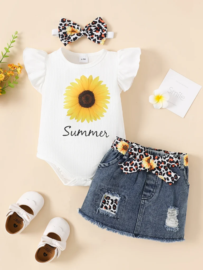 Look de verano juguetón: camiseta blanca con estampado de girasoles, combinada con falda vaquera desgastada, detalles con estampado de leopardo Añadir tendencia