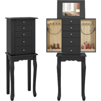 Armario para joyería con 4 cajones, espejo abatible, compartimentos de almacenamiento superiores, 2 puertas laterales con 8 ganchos para collares